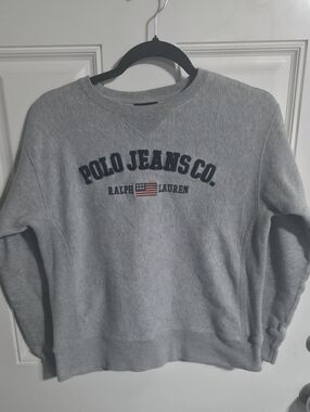 VTG Ralph Lauren Polo Jeans Co. Men's Gray Crewneck Sweatshirt with Flag Patch M